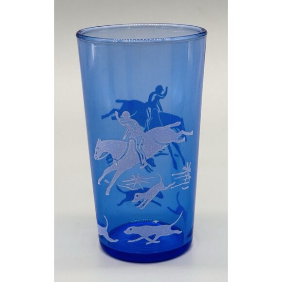 Hazel Atlas Tally Ho Cobalt Blue Juice Glass Fox Hunt 3.75 inch Lot of 3 - Picture 6 of 9